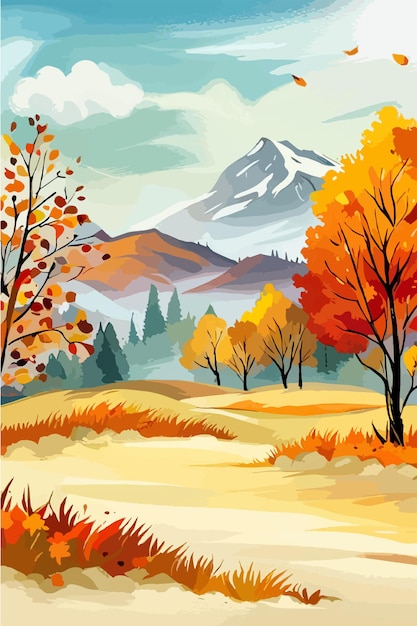 Vector vertical autumn landscape forest blue cloud sky against the background of hills and mountains yellow