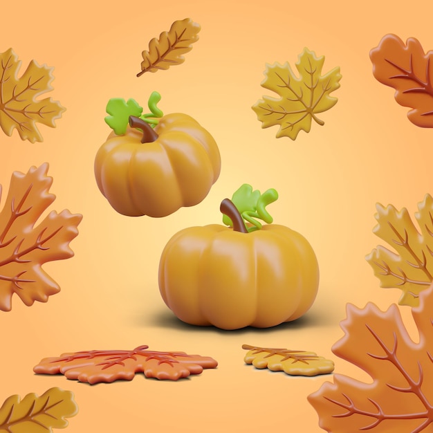 Vector vertical autumn poster realistic pumpkins and falling leaves on colored background
