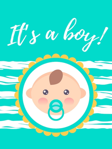Vector vertical baby shower card with a cute baby boy it's a boy