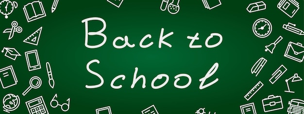 vertical back to school banner on green color chalkboard with education supplies for poster party super sale offer Vector Illustration 10 eps