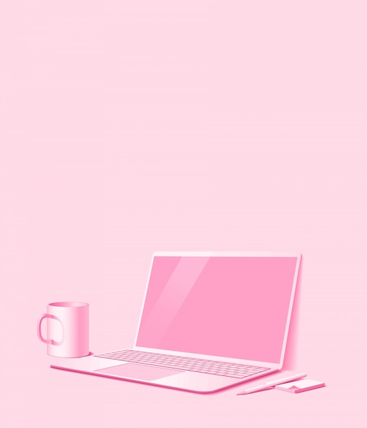 Vector vertical background with office workplace. a laptop, a mug, a pencil and a notebook. pink color.