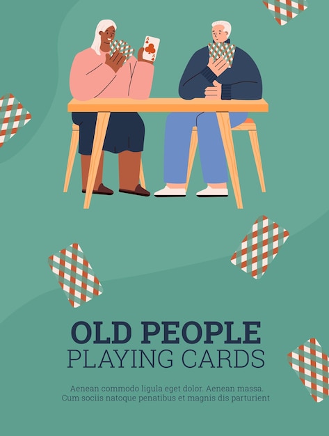 Vector vertical banner or poster template about old people playing cards flat style