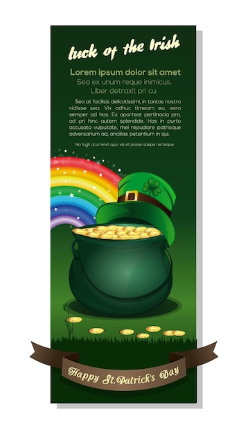 Vertical banner for St Patricks Day with leprechaun hat rainbow and a pot of gold