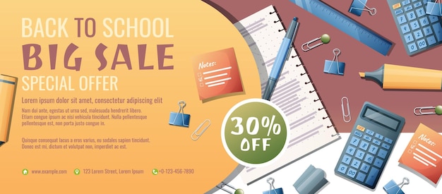 Vertical banner with paper calculator and office supplies Back to school study education Office supplies scattered on the surface Discount flyer with school items