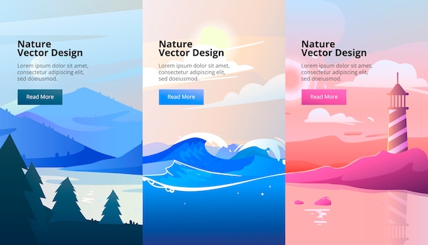 Vertical banners of gradient landscape with mountains and wood. flat style.