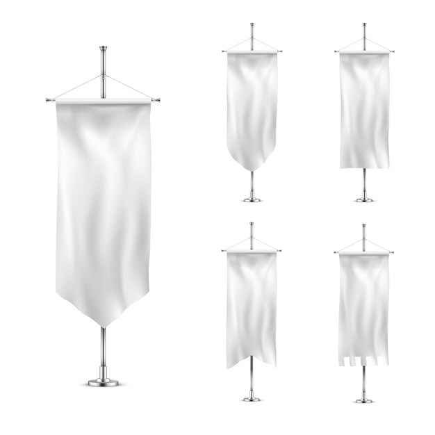 Vector vertical banners hanging on a metal flagpole white flags template.