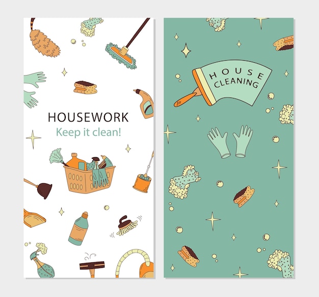 Vector vertical brochures with home cleaning flat vector illustration in doodle style