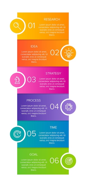 Vertical business infographic design with icons and 6 options or steps. Timeline or process.