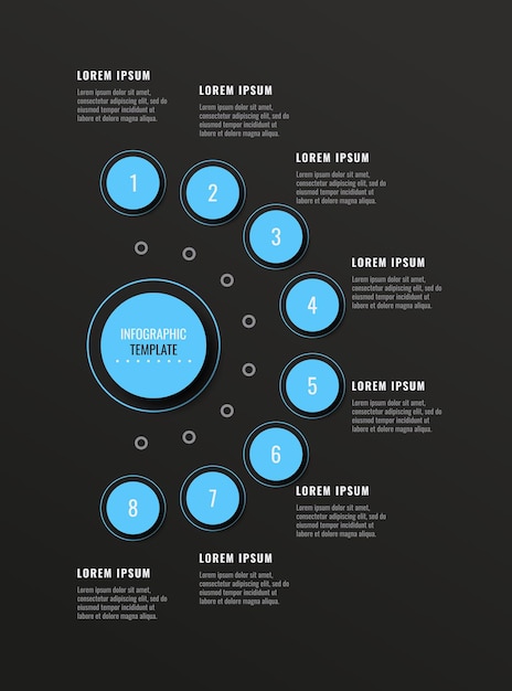 Vertical business infographic diagram template with eight light blue steps on a black background