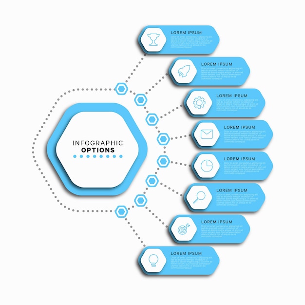 흰색 배경에 8개의 밝은 파란색 육각형 요소가 있는 수직 비즈니스 Infographic 템플릿