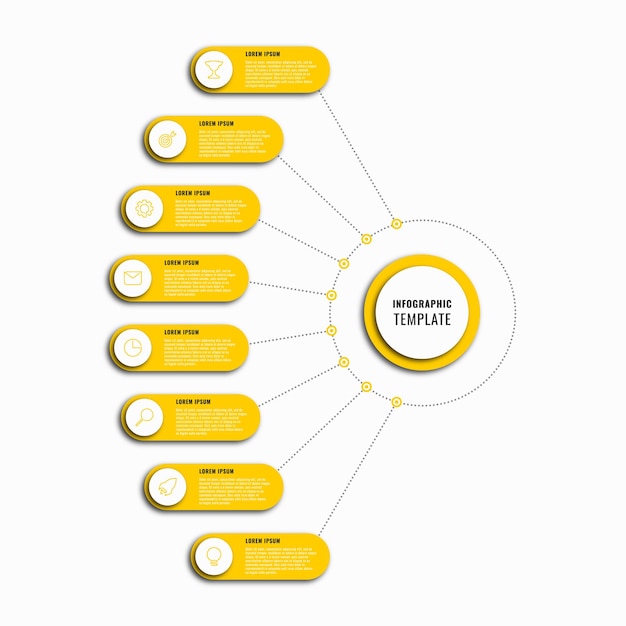 Vertical business infographic template with eight yellow round options on a white background