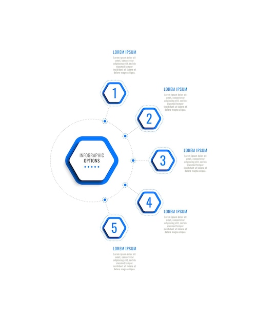 흰색 배경에 5개의 파란색 육각형 요소가 있는 수직 비즈니스 infographic 템플릿