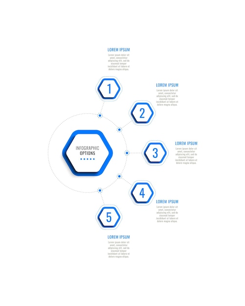 Modello di infografica business verticale con cinque elementi esagonali blu su sfondo bianco