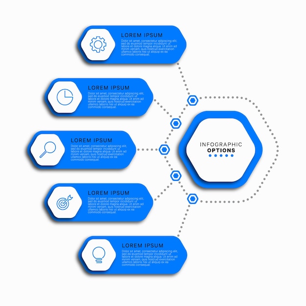 Vertical business infographic template with five blue hexagonal elements on a white background