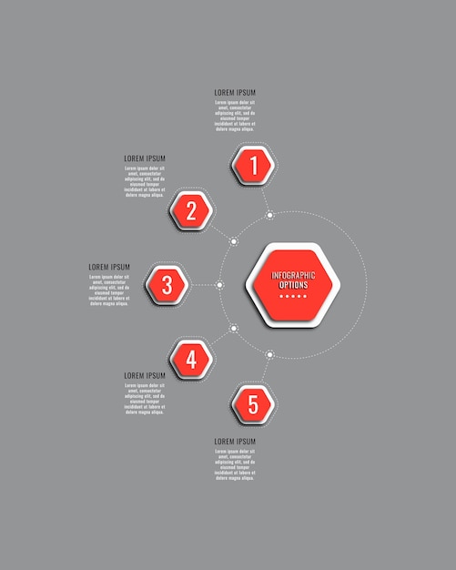 Vertical business infographic template with five red hexagonal elements on a grey background