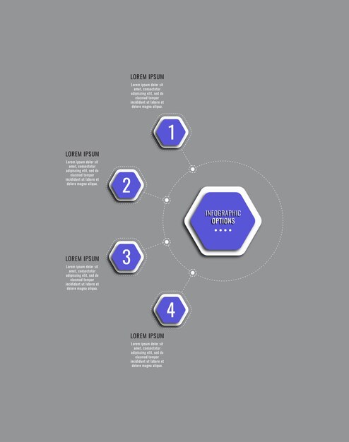 Modello di infografica aziendale verticale con quattro elementi esagonali viola su sfondo grigio