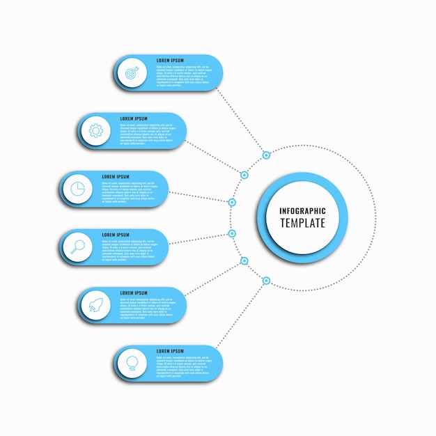 Вертикальный бизнес-инфографический шаблон с шестью голубыми круглыми вариантами на белом фоне
