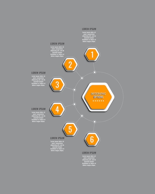 Vertical business infographic template with six orange hexagonal elements on a grey background