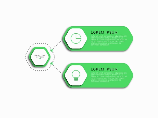 Modello di infografica business verticale con due elementi esagonali verdi su sfondo bianco