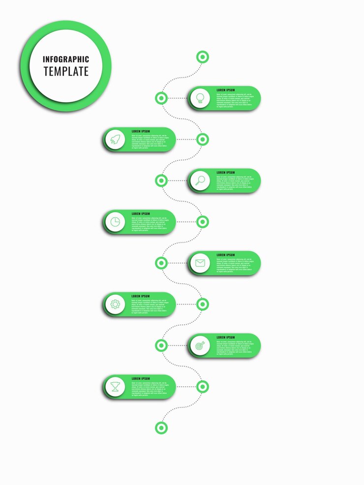 Vector vertical business infographic timeline template with eight green round options on a white background