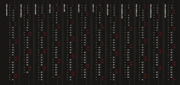 Vertical calendar 2022 on black background, Saturday and Sunday selected in different row.