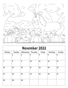 Calendario verticale per il 2022 con un simpatico personaggio. pagina da colorare per bambini. la settimana inizia il lunedì. illustrazione vettoriale isolato. stile cartone animato.