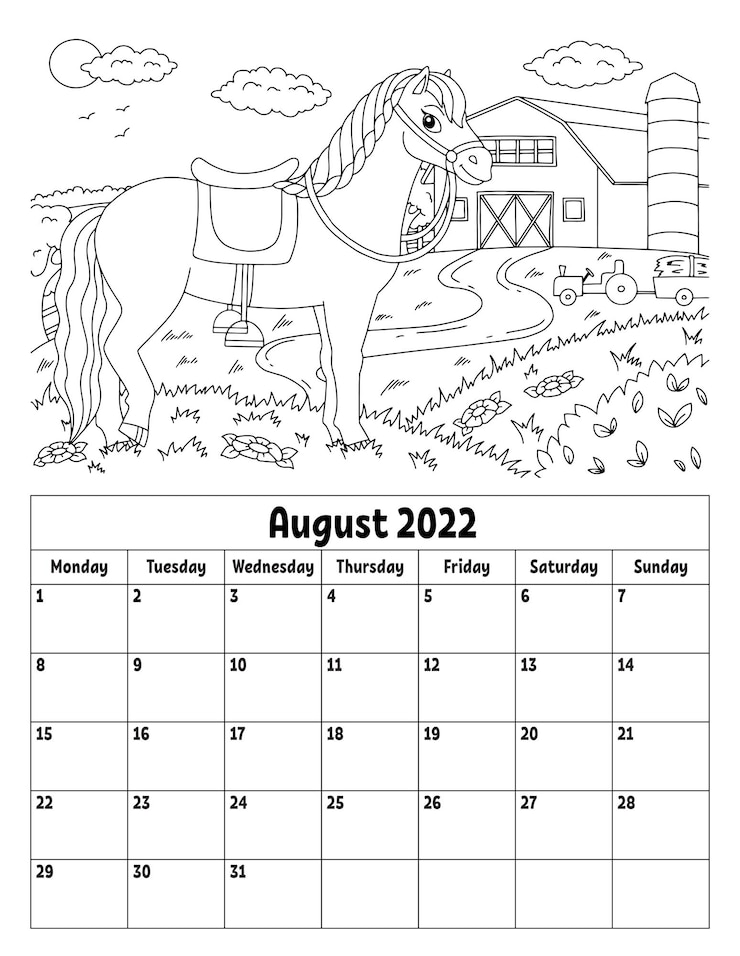 Vector vertical calendar for 2022 with a cute character. coloring page for kids. week starts on monday. isolated vector illustration. cartoon style.