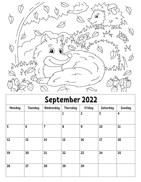 Vertical calendar for 2022 with a cute character. Coloring page for kids. Week starts on Monday. Isolated vector illustration. Cartoon style.