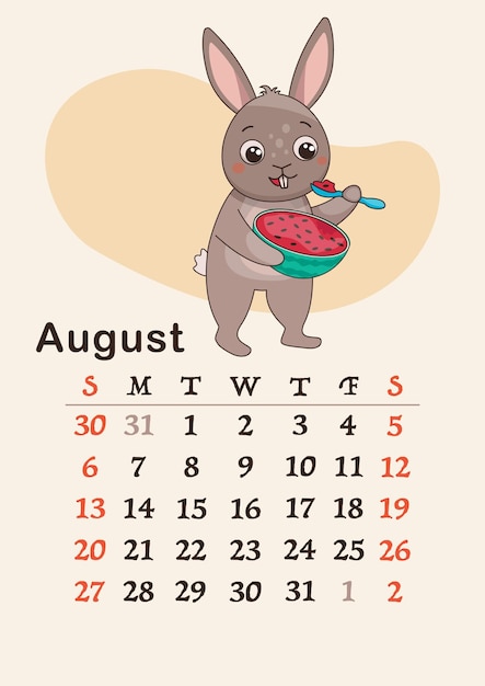 Vertical calendar 2023. Month of August. The hare eats a juicy watermelon with a spoon.