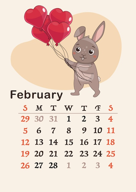 Vertical calendar 2023. Month of February. The hare is holding a bunch of balloons.