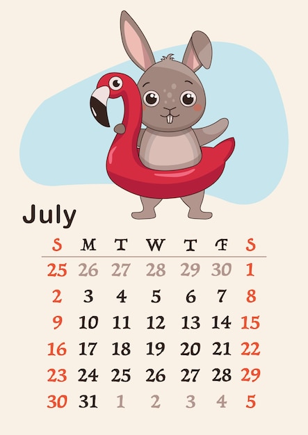 Vertical calendar 2023. Month of July. The hare holds an inflatable circle in the form of a flamingo