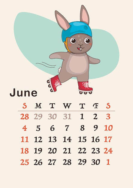 Calendario verticale 2023. mese di giugno. una lepre con un casco sta pattinando. formato a4. vettore.