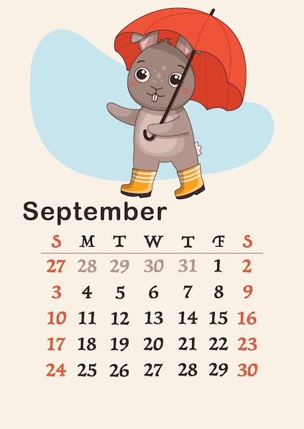 Vertical calendar 2023. month of september. hare in rubber boots walks in the rain with an umbrella.