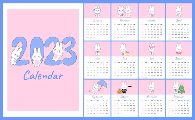 Vettore calendario verticale 2023 con simpatici conigli kawaii copertine e pagine di 12 mesi coniglietto personaggio mascotte simbolo anno settimana inizia domenica per formato a4 a5 a3 modello di cartone animato piatto vettoriale