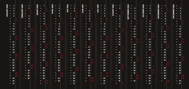 Vertical calendar 2024 on black background Saturday and Sunday selected in different row