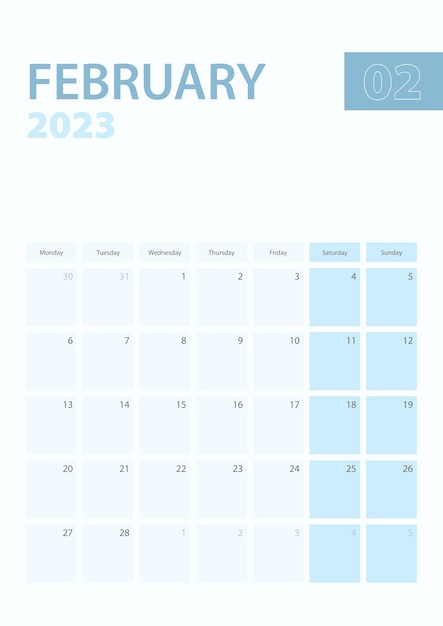 Vertical calendar page of february 2023 week starts from monday