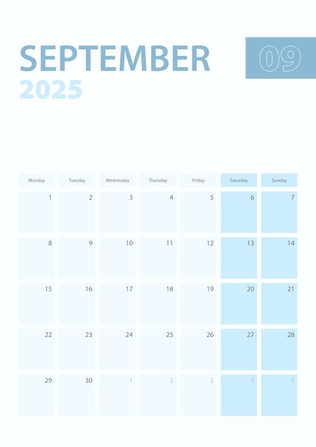 2025년 9월의 수직 캘린더 페이지는 월요일부터 시작됩니다.