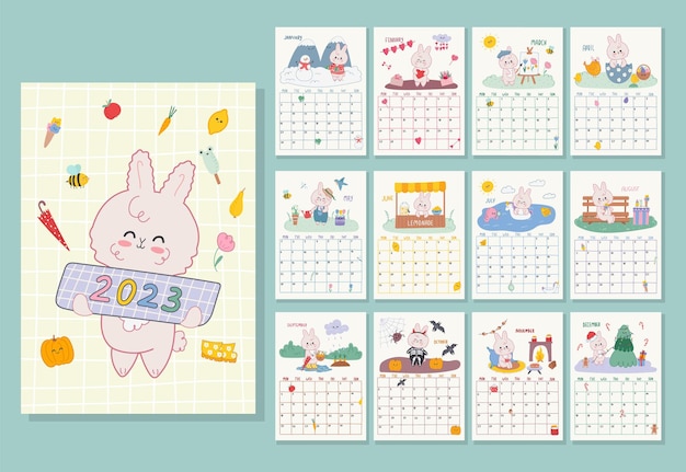 Modello di calendario verticale 2023 con simpatico coniglio kawaii simbolo dell'anno. la settimana inizia lunedì