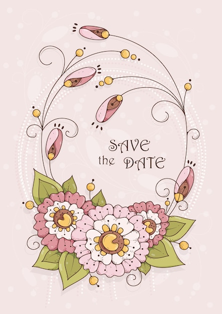 Vector vertical card with pink flowers for invitations and congratulations.