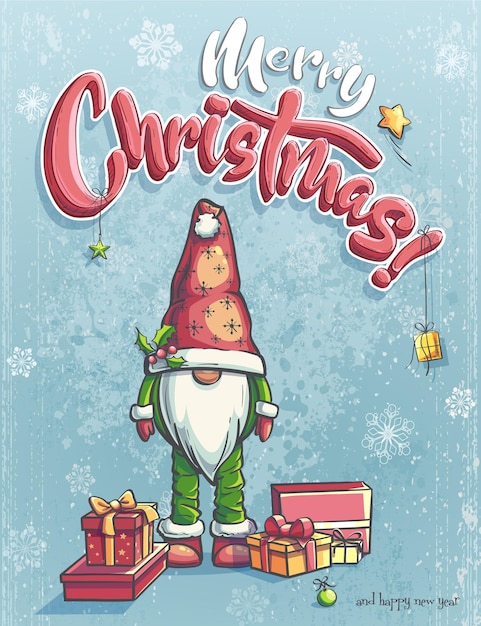 Vector vertical christmas card gnome in a hat