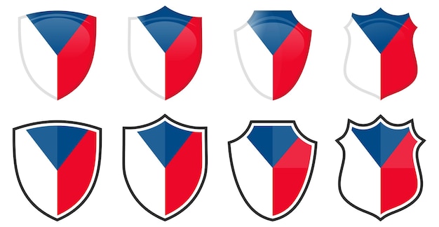 Вектор Вертикальный чешский флаг в форме щита, четыре объемные и простые версии. значок / знак чехии