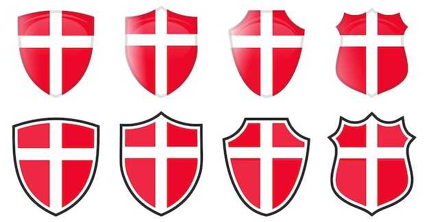 방패 모양의 수직 덴마크 국기, 4개의 3d 및 간단한 버전. Danmark 아이콘 / 기호