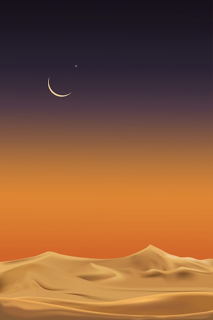 Vertical desert landscape with sand dunes with crescent moon\
and star at dark night