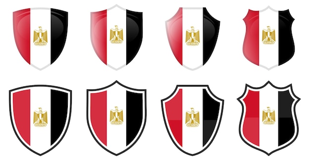 Vertical egypt flag in shield shape, four 3d and simple versions. egyptian icon / sign