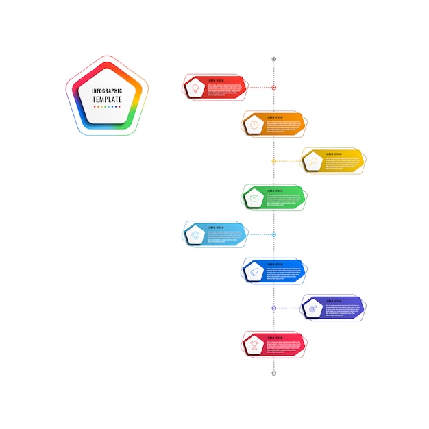 Modello di infografica verticale otto passi timeline con pentagoni ed elementi poligonali su uno sfondo bianco. visualizzazione dei processi aziendali moderni con icone di marketing di linea sottile.