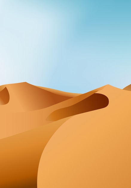 Paesaggio asciutto senza fine verticale del deserto con le dune di sabbia e la chiara illustrazione del cielo blu.