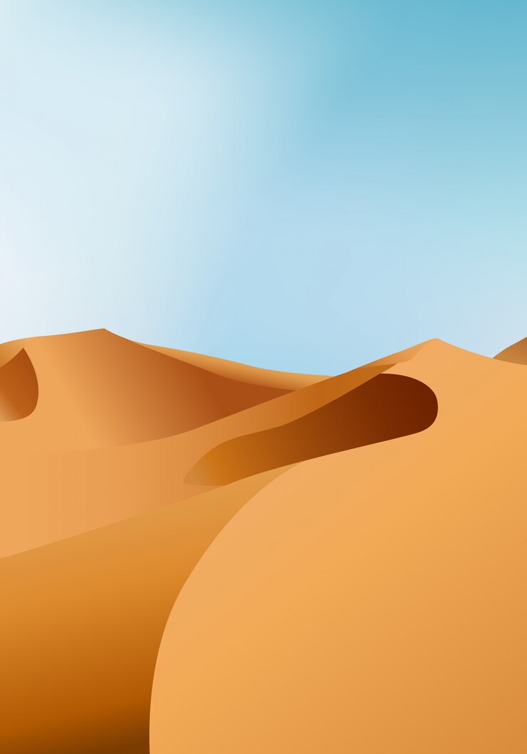 Vector vertical endless dry desert landscape with sand dunes and clear blue sky illustration.