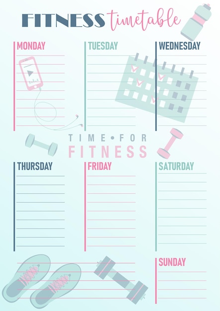 Vector vertical fitness weekly timetable. daily schedule template with shoes, weights, player, bottle. gym planner. vector illustration. notes, to do list. vector illustration. healthy lifestyle. flat design