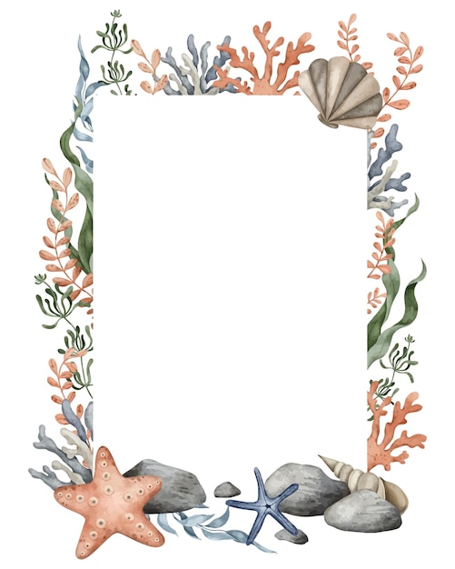 Vector vertical frame of sea pebbles marine coral starfish seaweed algae hand drawn watercolor illustration