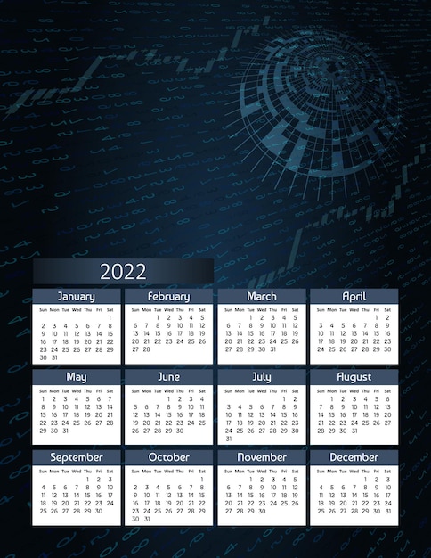 Vertical futuristic yearly calendar 2022 week starts on Sunday Annual big wall calendar colorful digital modern illustration in blue A4 Us letter paper size